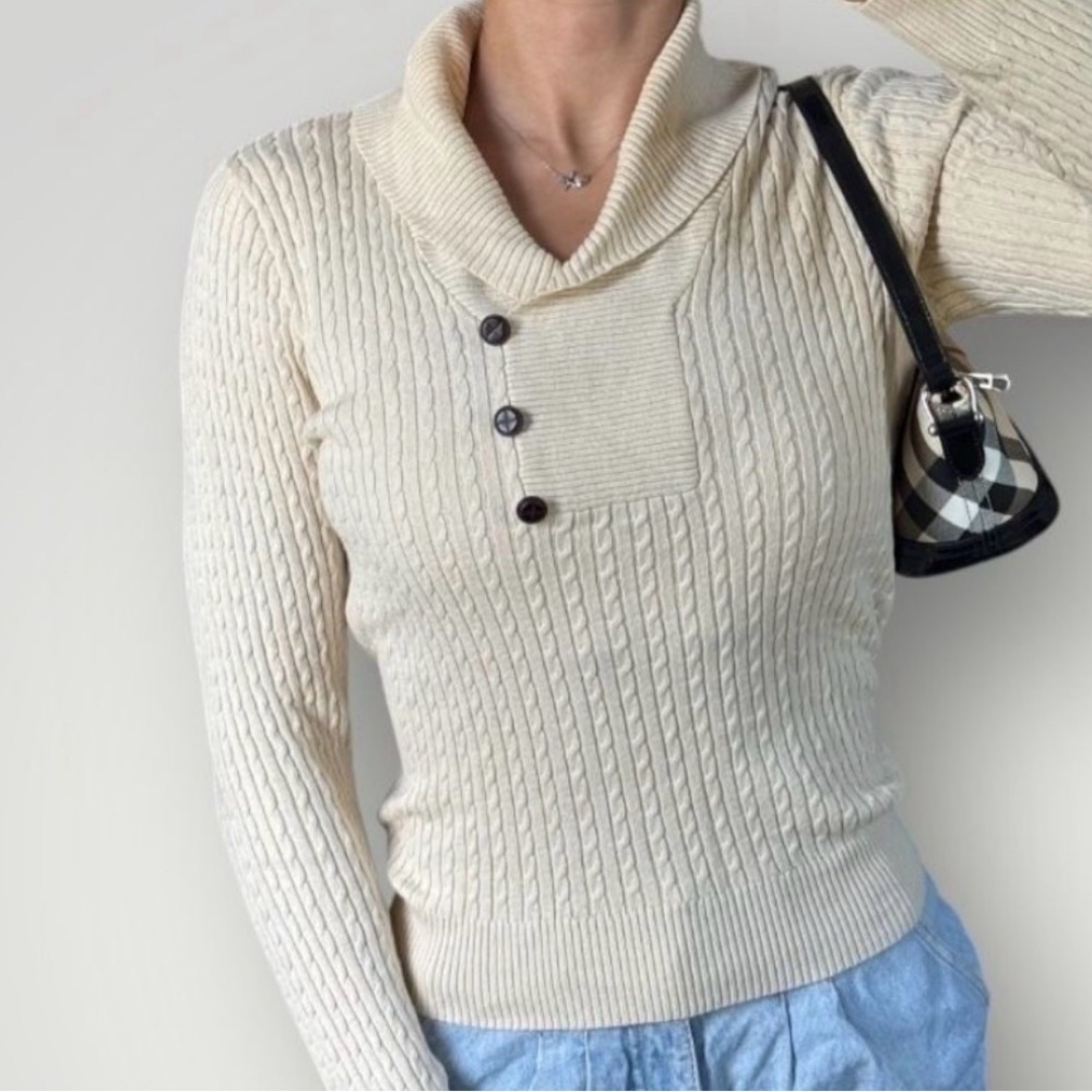 Jeanne Pierre Cream Cable Knit Shawl Neck Button Sweater Size Medium